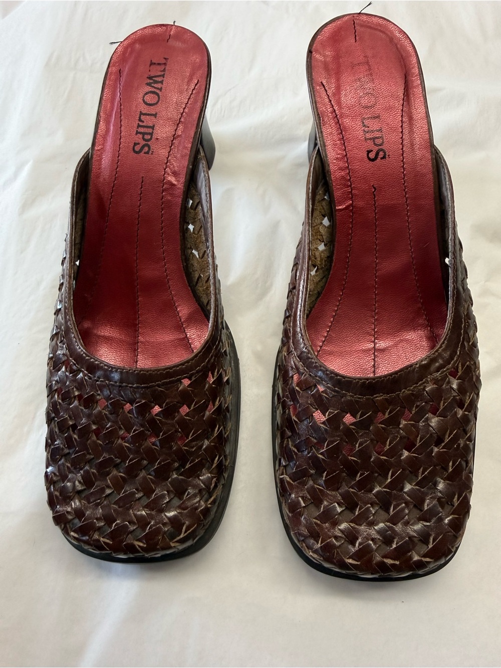 Two Lips Brown Woven Leather Mule Heels Size 7M Square Toe Y2K